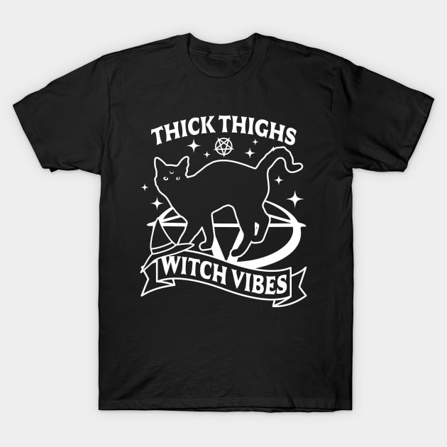 Thick Thighs Witch Vibes - Funny Halloween Goth Black Cat T-Shirt by OrangeMonkeyArt